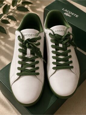 Lacoste men White Leather Sneakers with Olive Green Details